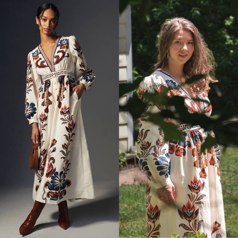 FARM RIO Floral Mandala Puff Long Sleeve V-Neck Boho Chic Folklore Maxi Dress S